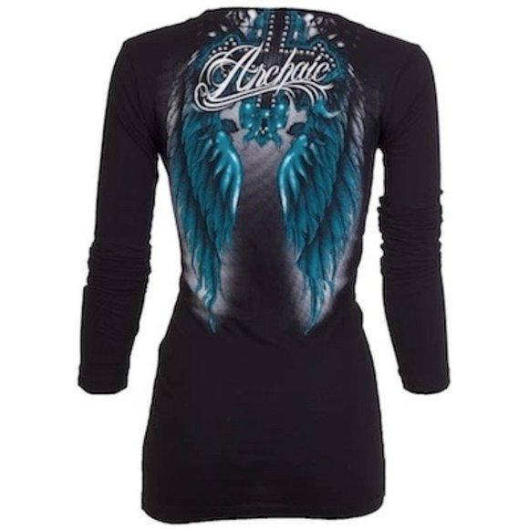 Archaic Affliction Women's T-Shirt Long Sleeve ROSEMARY Tattoo Biker Black Teal - Picture 3 of 7